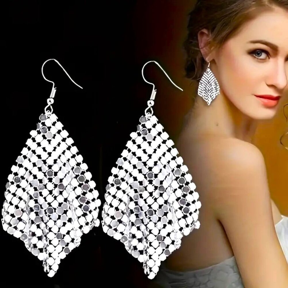 Earrings Mesh Tassel Metallic Sequin Glam Trendy Y2K Elegant Retro Disco Stylish